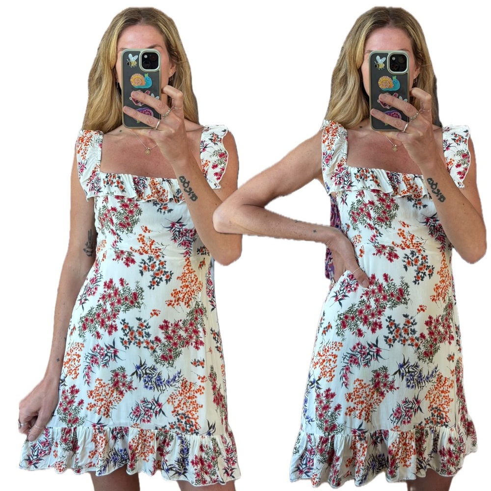 Park & Fifth Floral White Ruffle Square Neck Sundress Mini Babydoll Dress